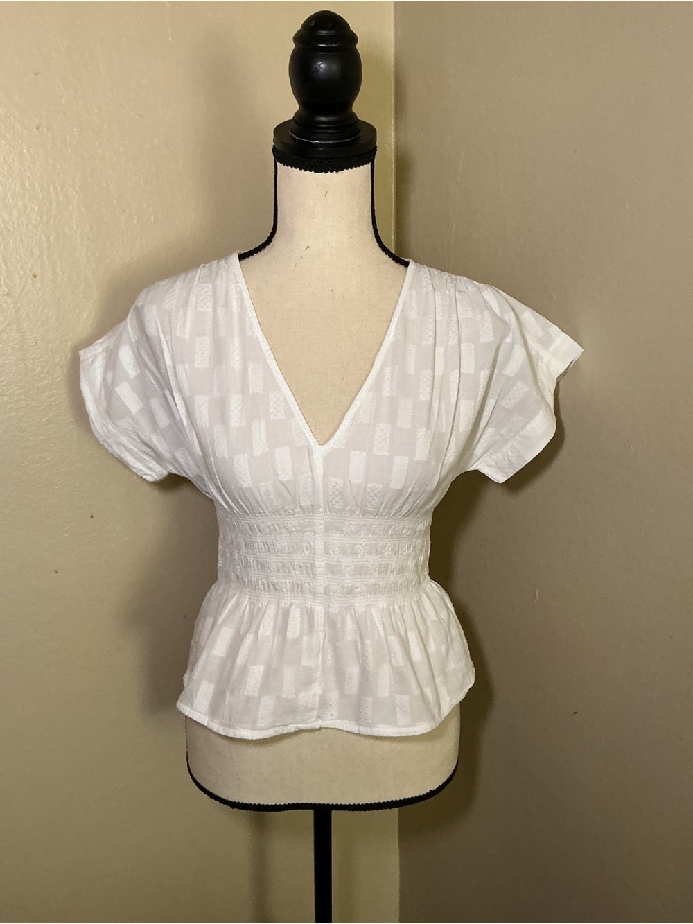 Madewell XXS White 100% Cotton Smocked Peplum Top V Neck Flutter Sleeve India
